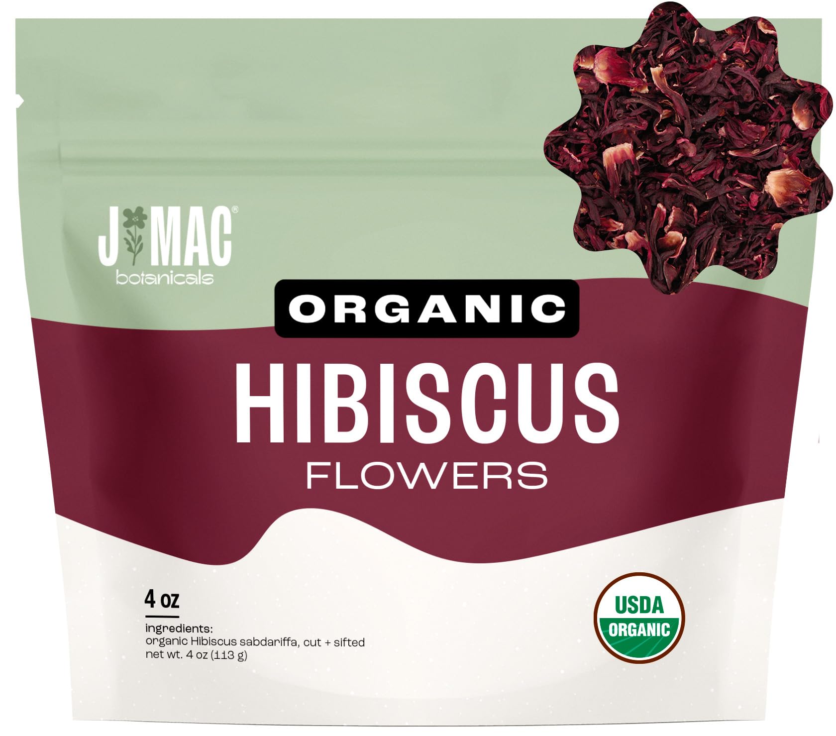 J Mac Botanicals organic hibiscus flowers in a 4-oz bag for vibrant hibiscus tea