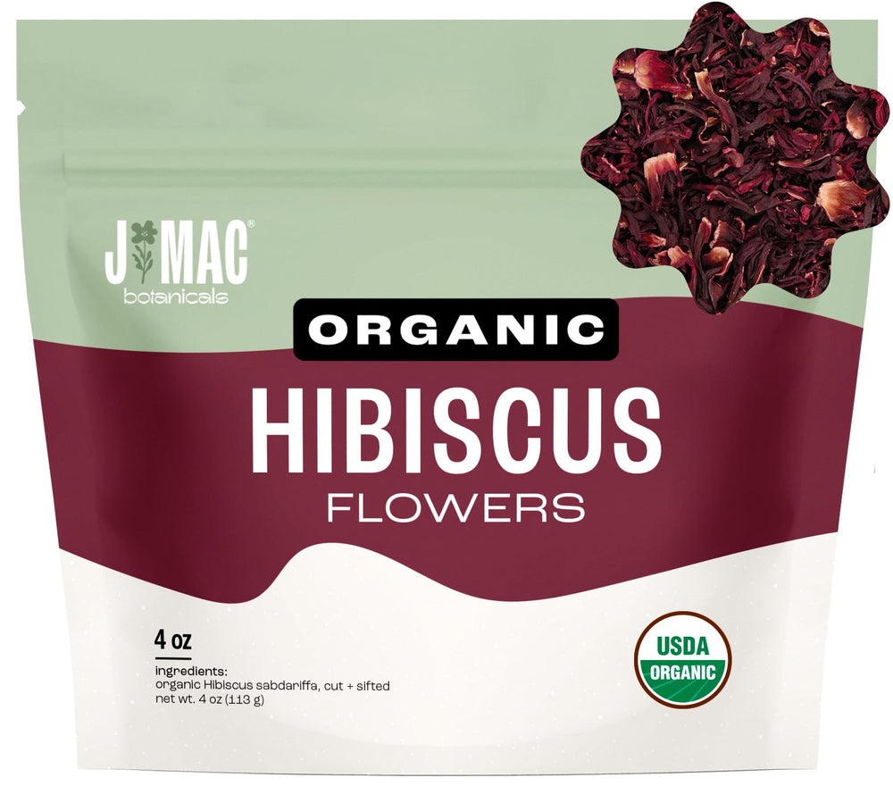 J Mac Botanicals organic hibiscus flowers in a 4-oz bag for vibrant hibiscus tea