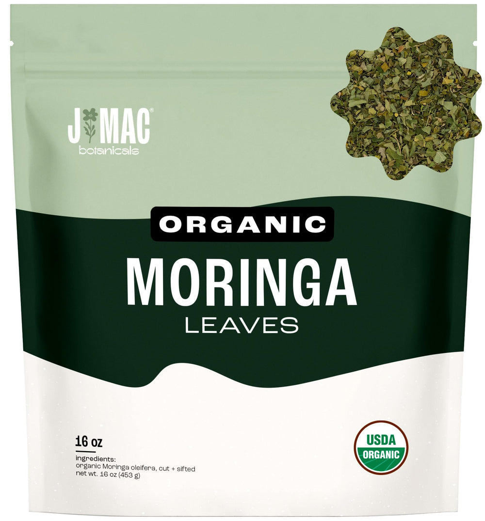 J Mac Botanicals organic moringa leaf bulk bag shown for daily use and storage