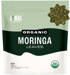 J Mac Botanicals organic moringa leaf bulk bag shown for daily use and storage