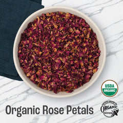 J MAC Botanicals rose petals with organic certification badge on packaging