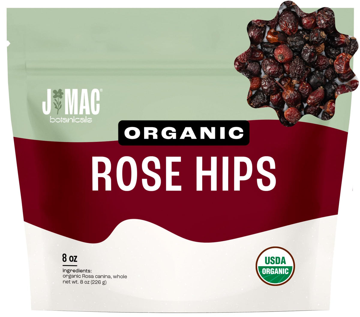 J Mac Botanicals Organic Rose Hips dried in a resealable bag for tea infusions