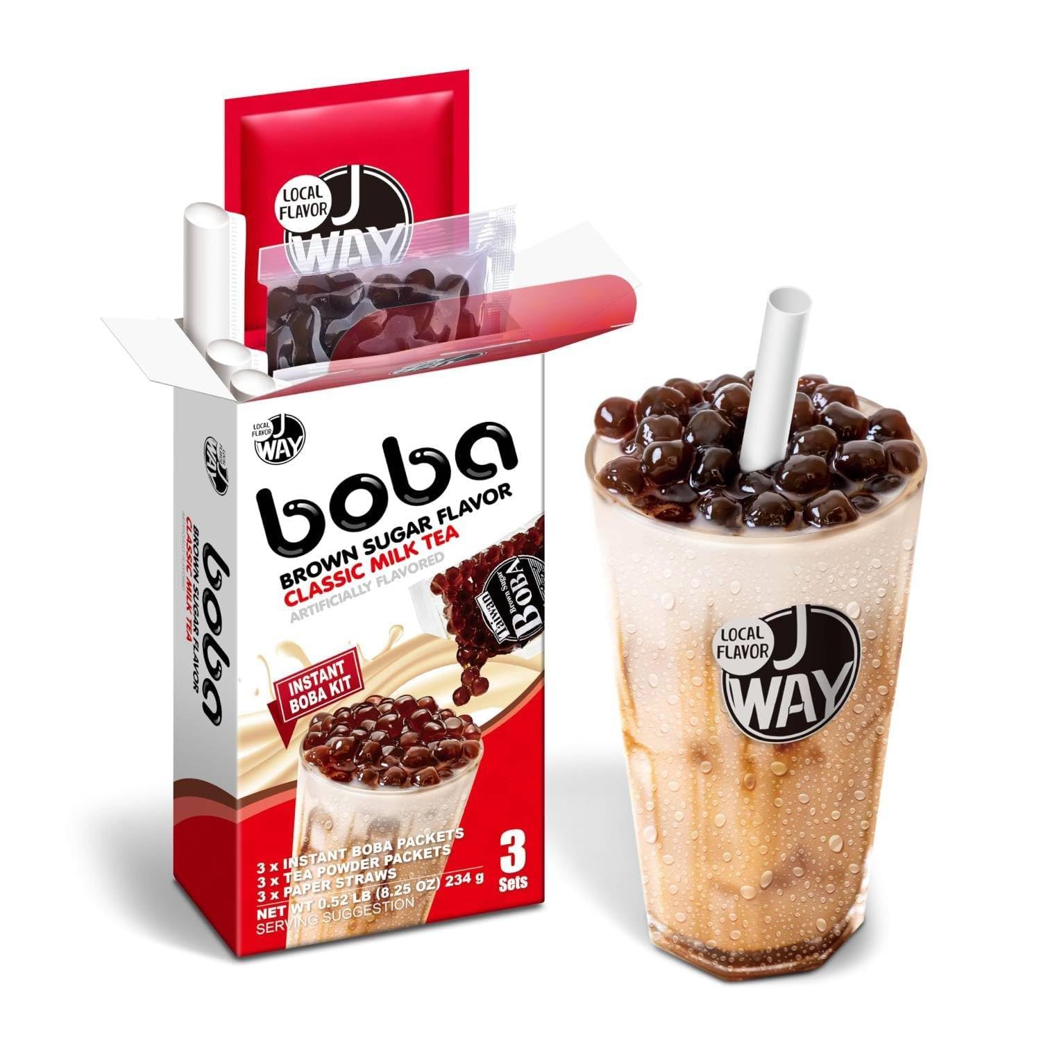 J WAY Local Flavor boba kit with brown sugar pearls for quick bubble tea at home.