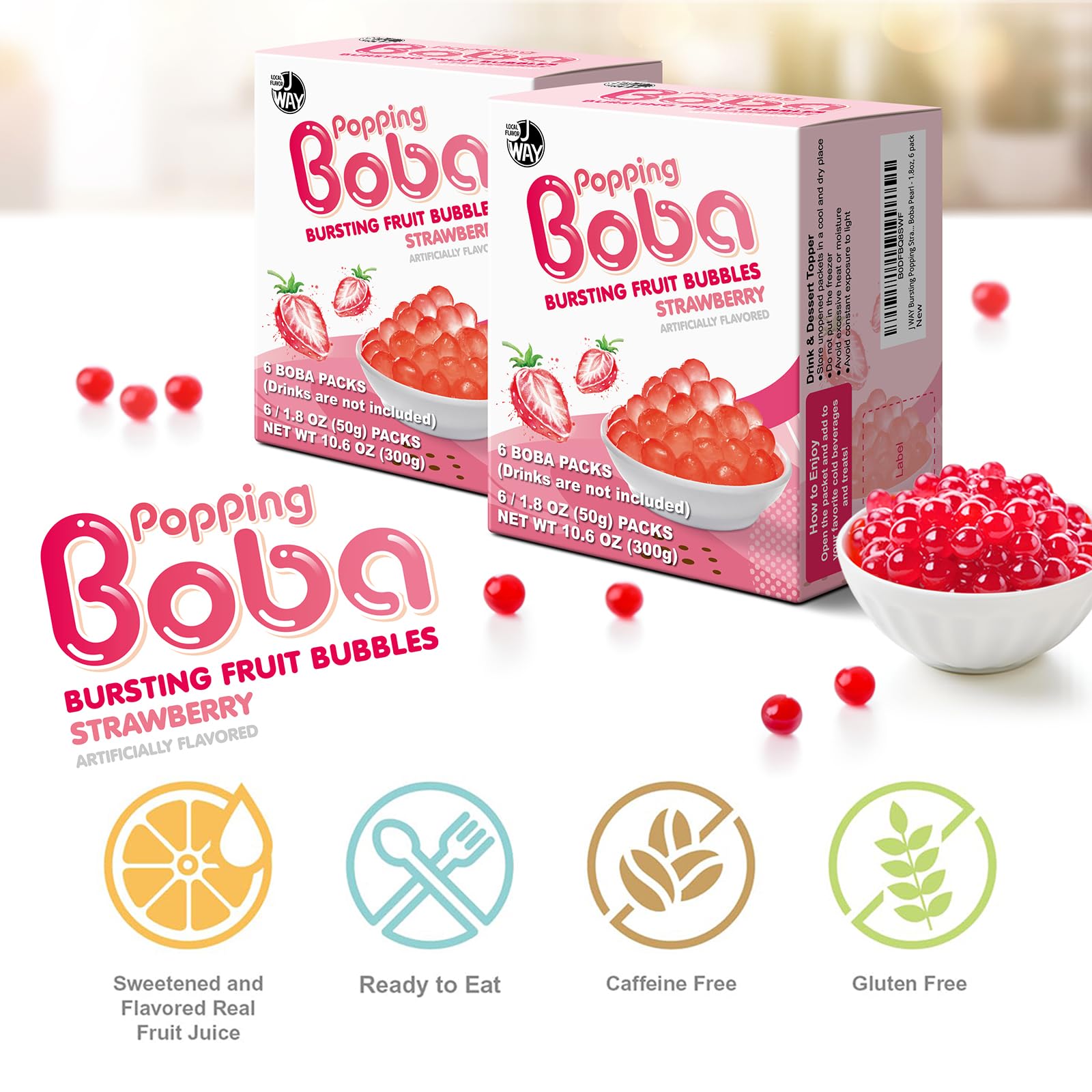 J WAY Local Flavor strawberry popping boba added to coffee or tea for a fruity twist.