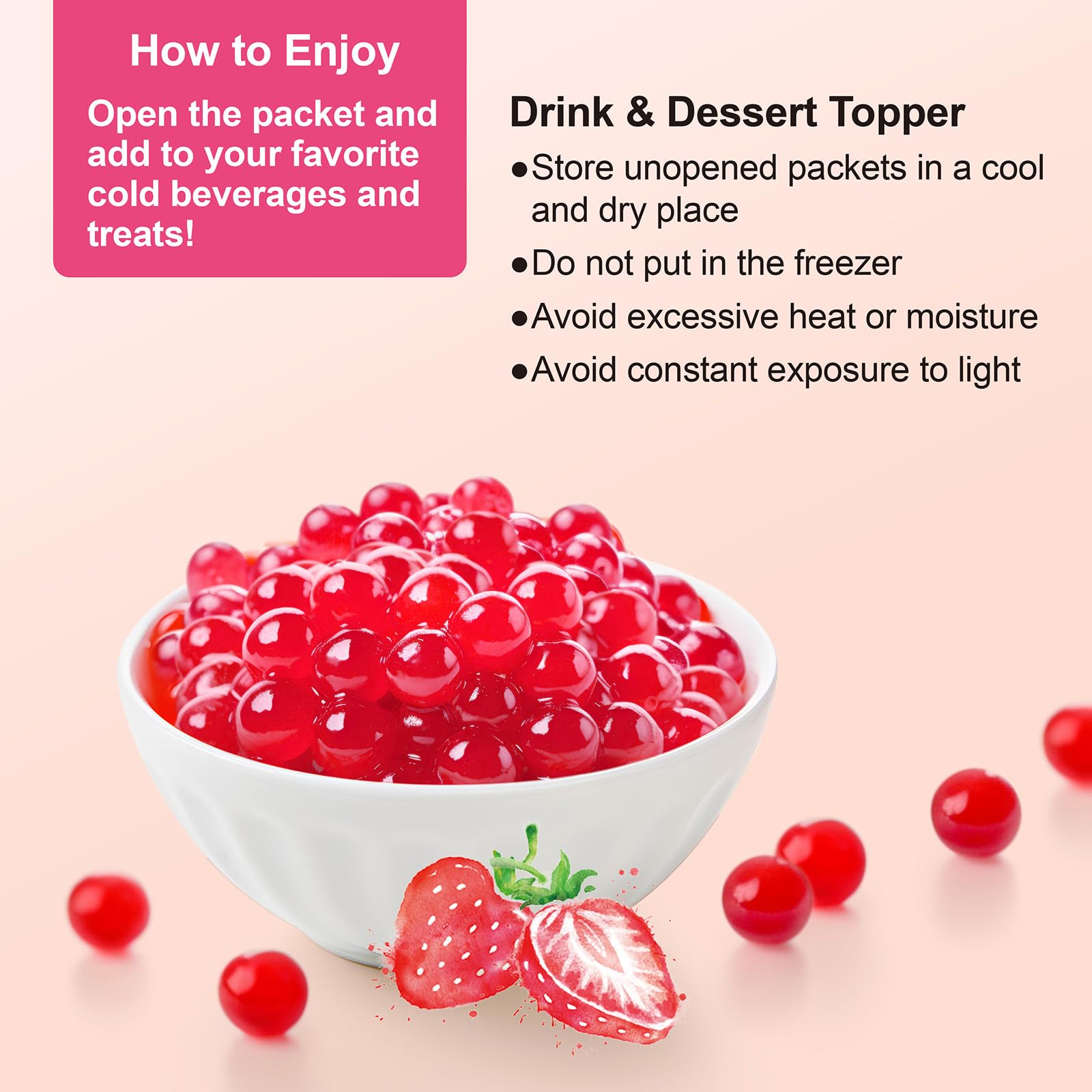 Yogurt topped with J WAY Local Flavor strawberry popping boba for a playful fruity bite.