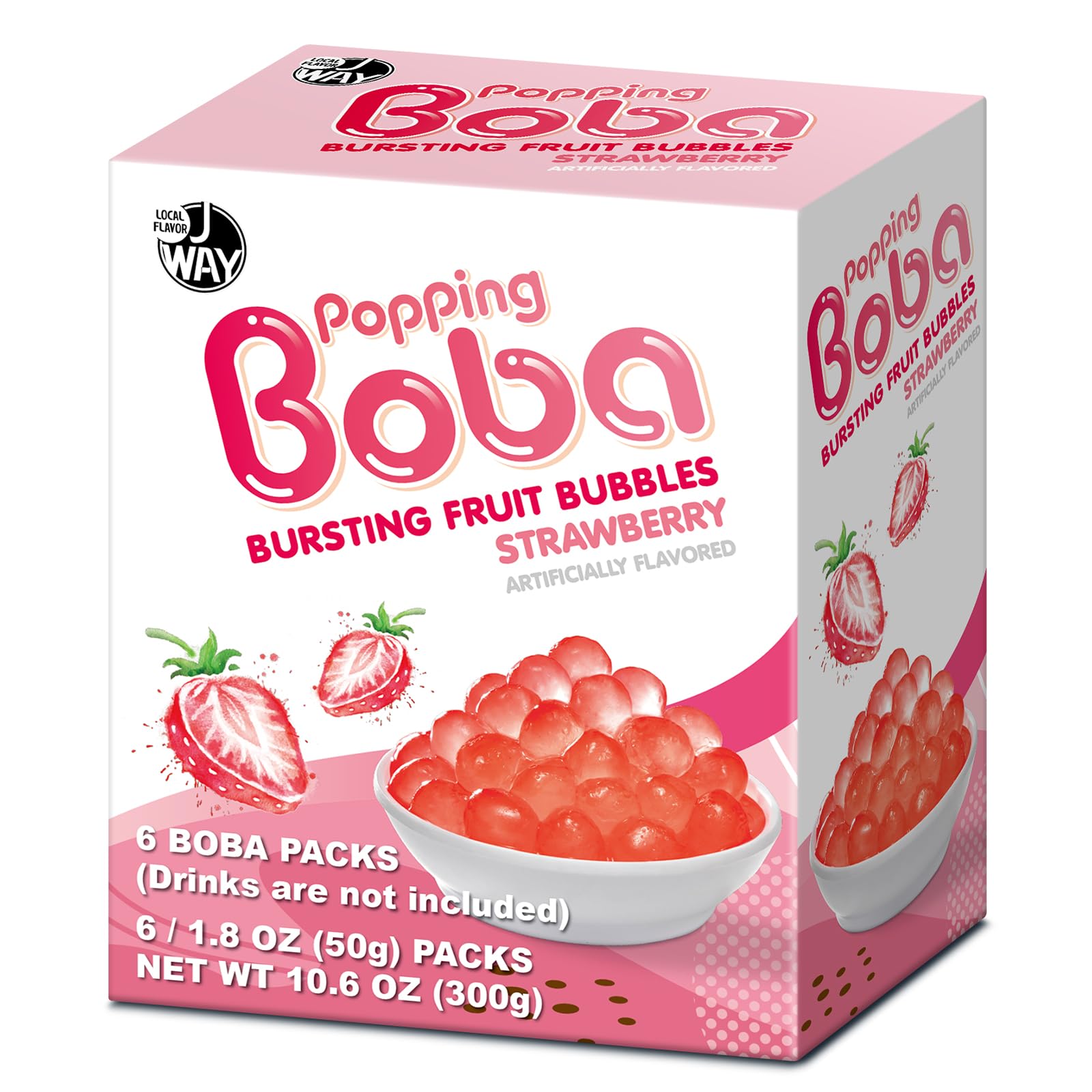 J WAY Local Flavor Strawberry Popping Boba packaging shown for easy pantry storage.