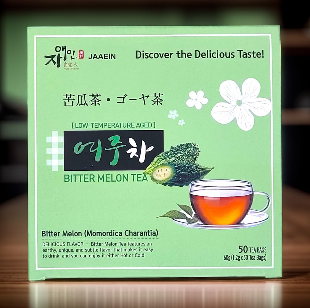 JaAeIn Bitter Melon Tea packaging highlighting natural Korean source and caffeine-free, gluten-free blend.