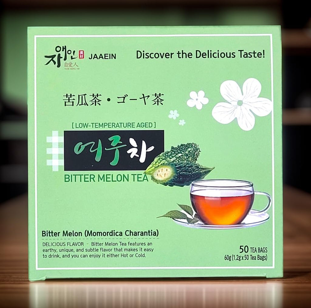 JaAeIn Bitter Melon Tea packaging highlighting natural Korean source and caffeine-free, gluten-free blend.