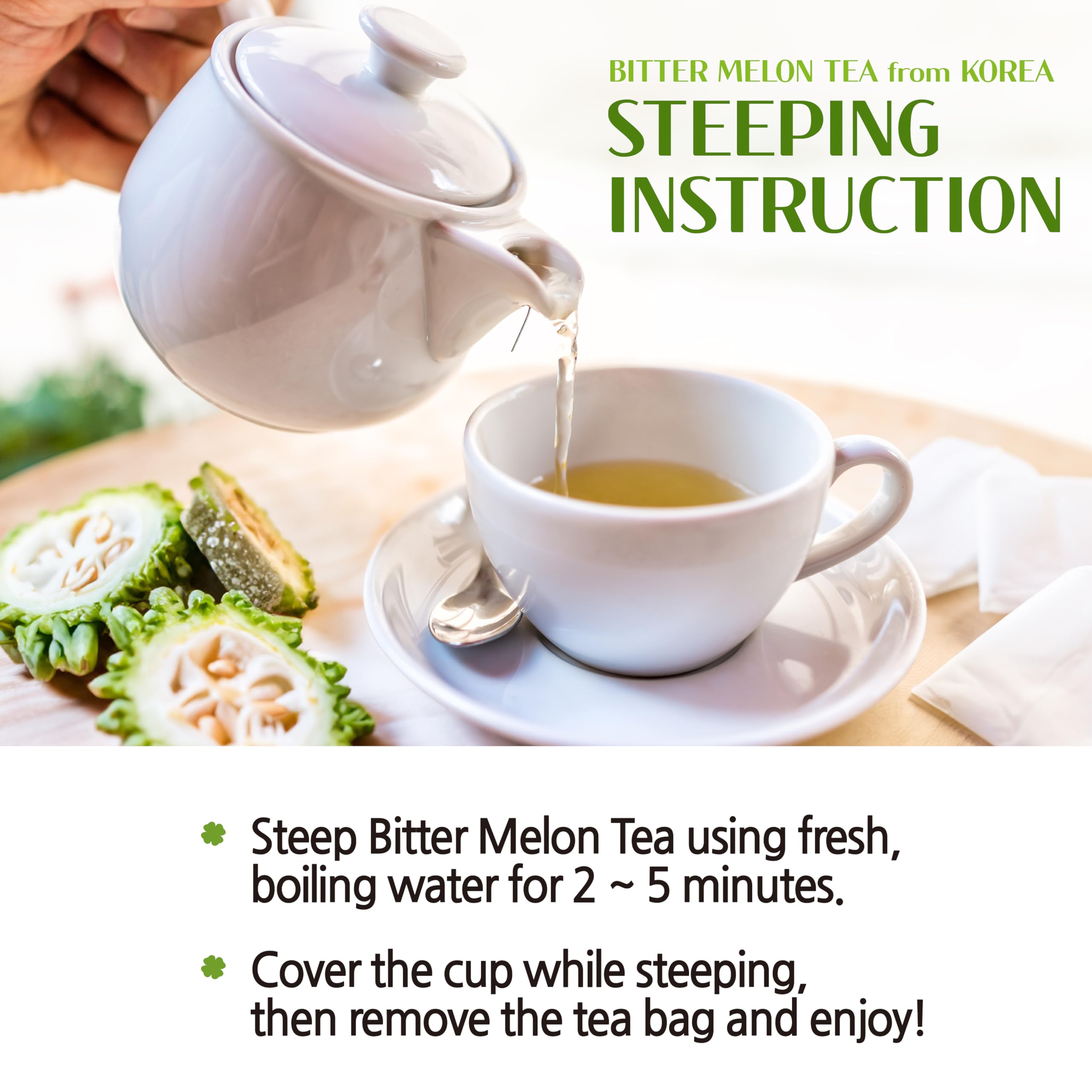 JaAeIn Bitter Melon Tea brewing hot cup demonstrates earthy aroma and soothing heat.