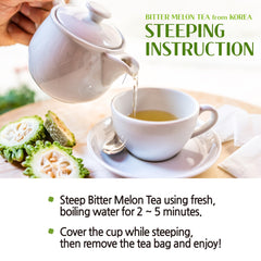 JaAeIn Bitter Melon Tea brewing hot cup demonstrates earthy aroma and soothing heat.