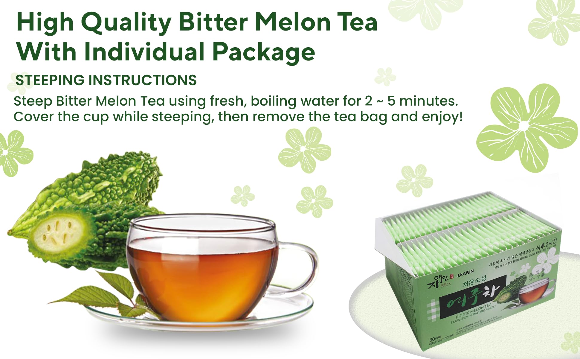 JaAeIn tea bags ingredients display natural, pesticide-free Korean botanicals for a pure infusion.