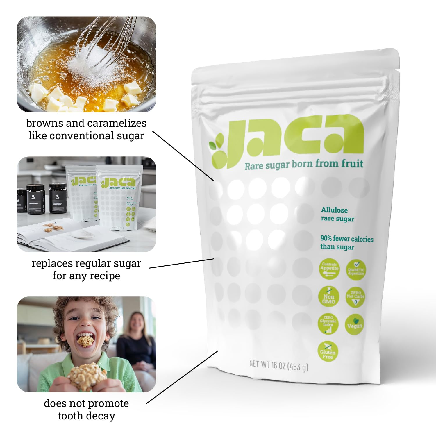 Jaca Rare Sugar in coffee highlights reduced calories.