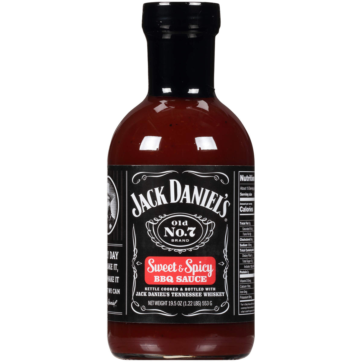 Jack Daniels Barbeque Sauce Sweet and Spicy bottle front, perfect for family barbecues.