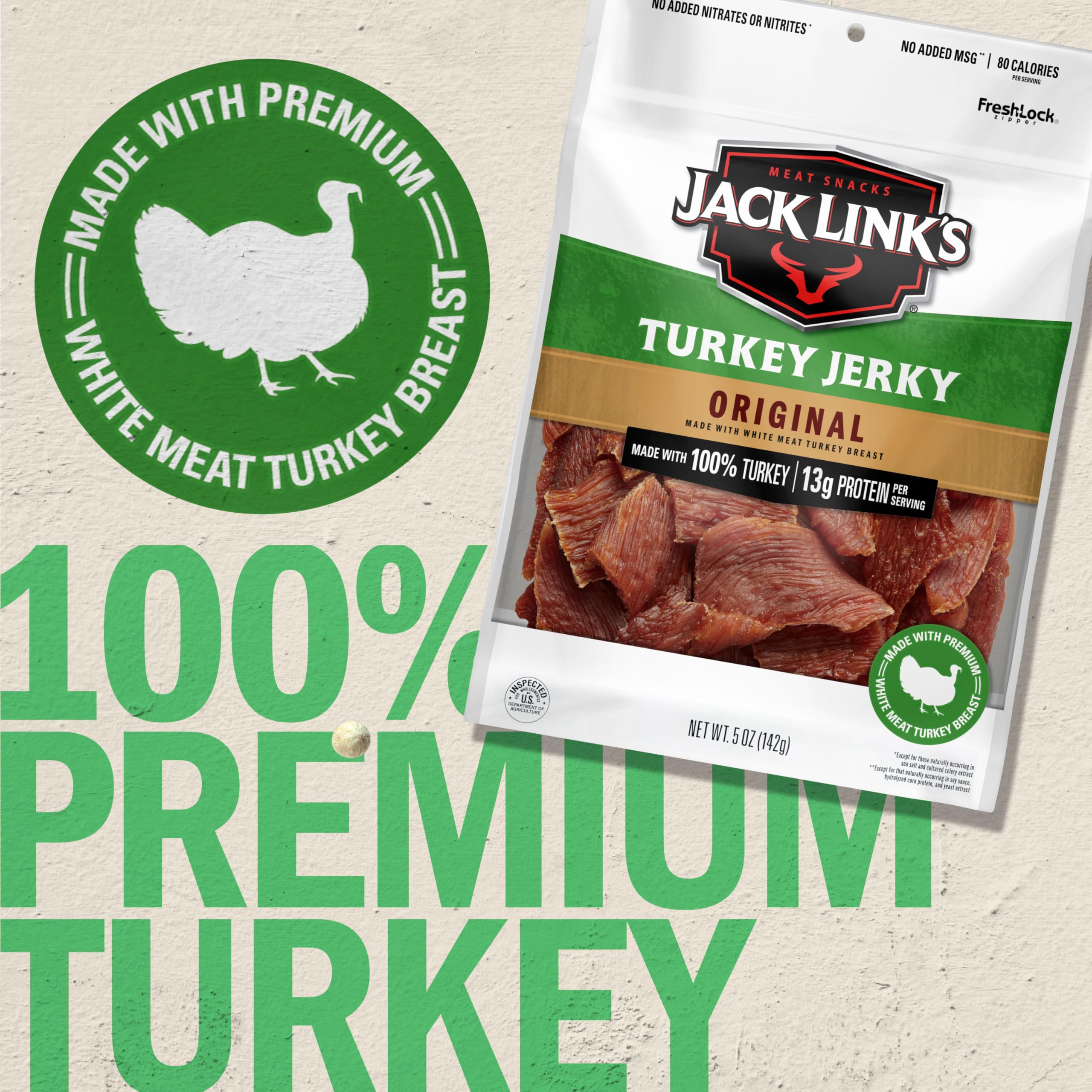 Jack Link's Turkey Jerky Original close-up marinated slices with herbs and spices aroma.