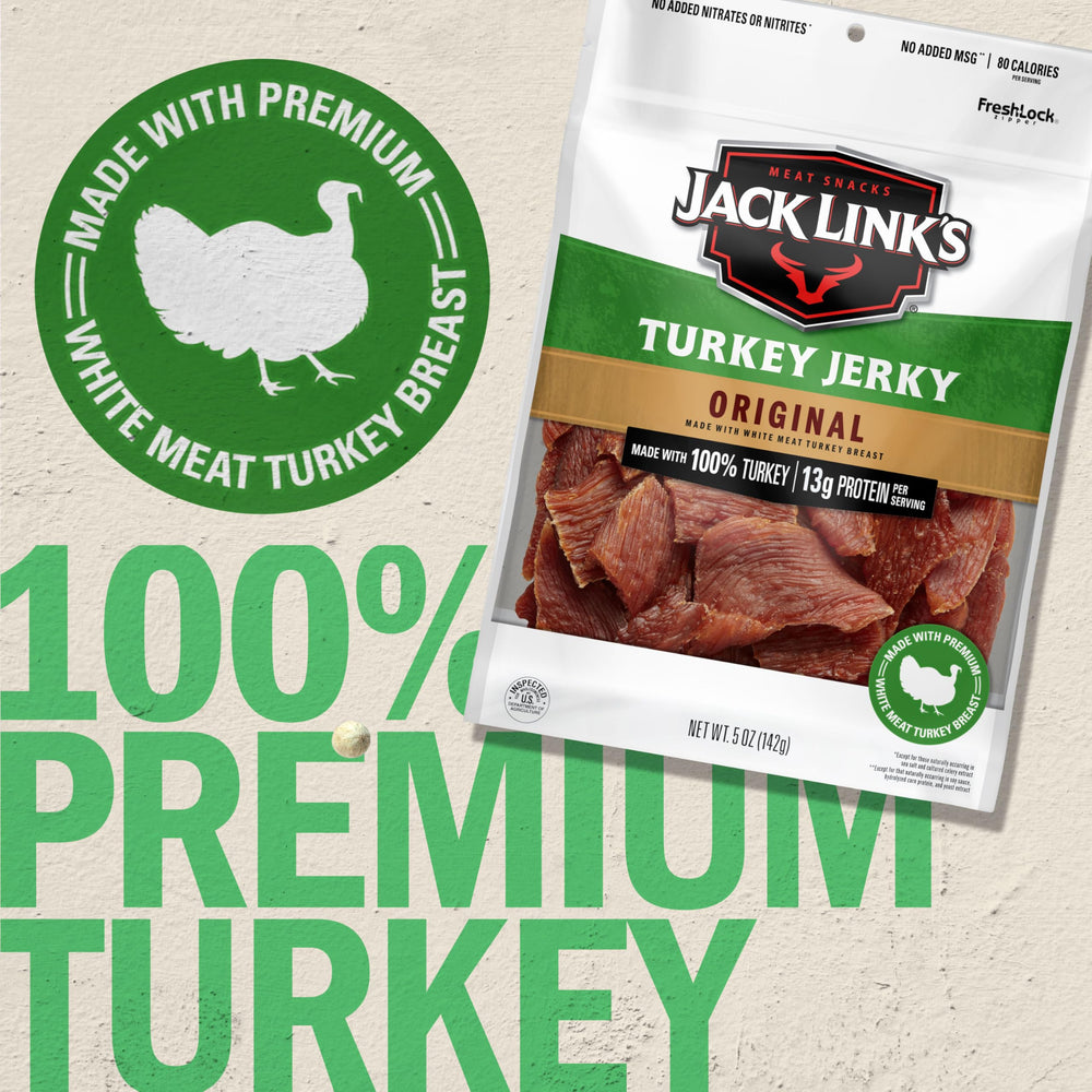 Jack Link's Turkey Jerky Original close-up marinated slices with herbs and spices aroma.
