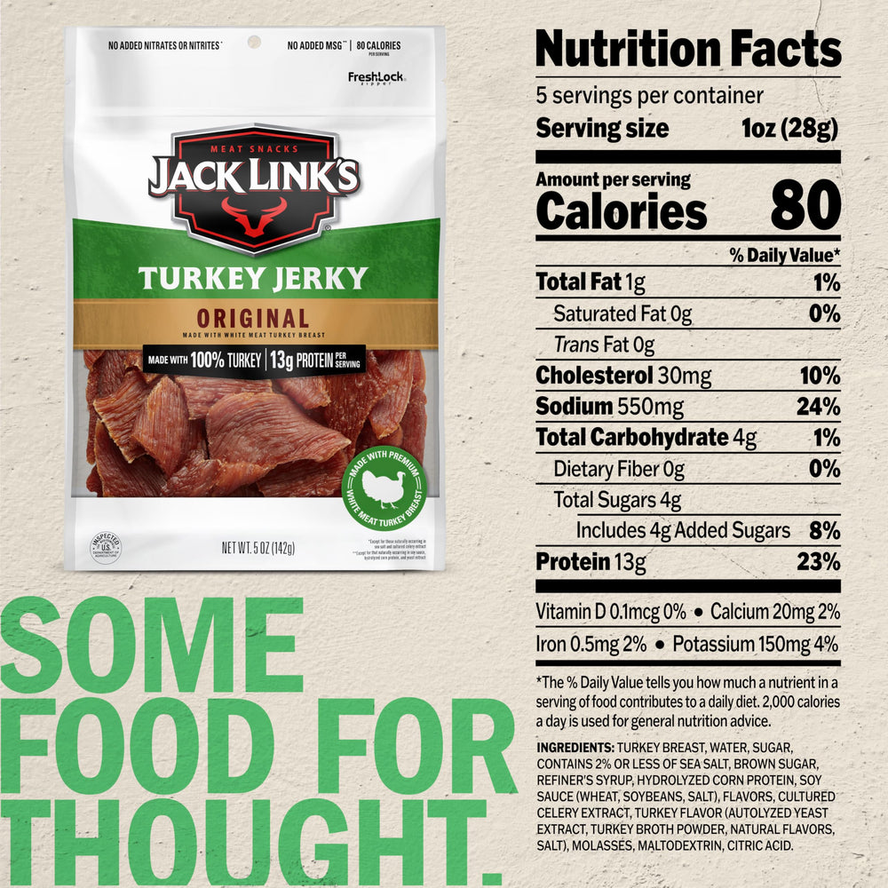 Jack Link's Turkey Jerky Original serving-size badge highlights 13g protein.