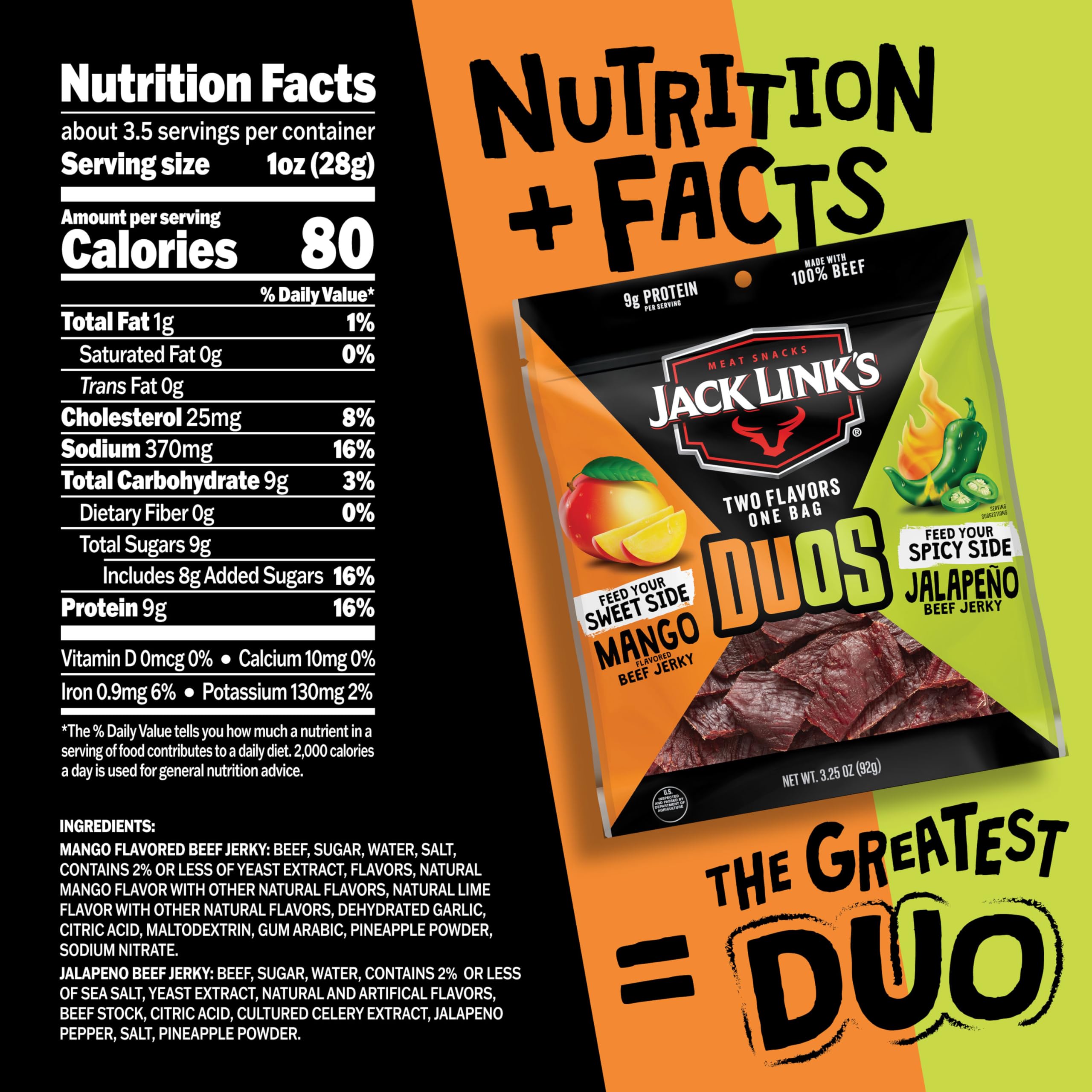 Close-up of Jack Link's DUOs jerky slices highlighting jalapeño and mango flavors for bold snacking.