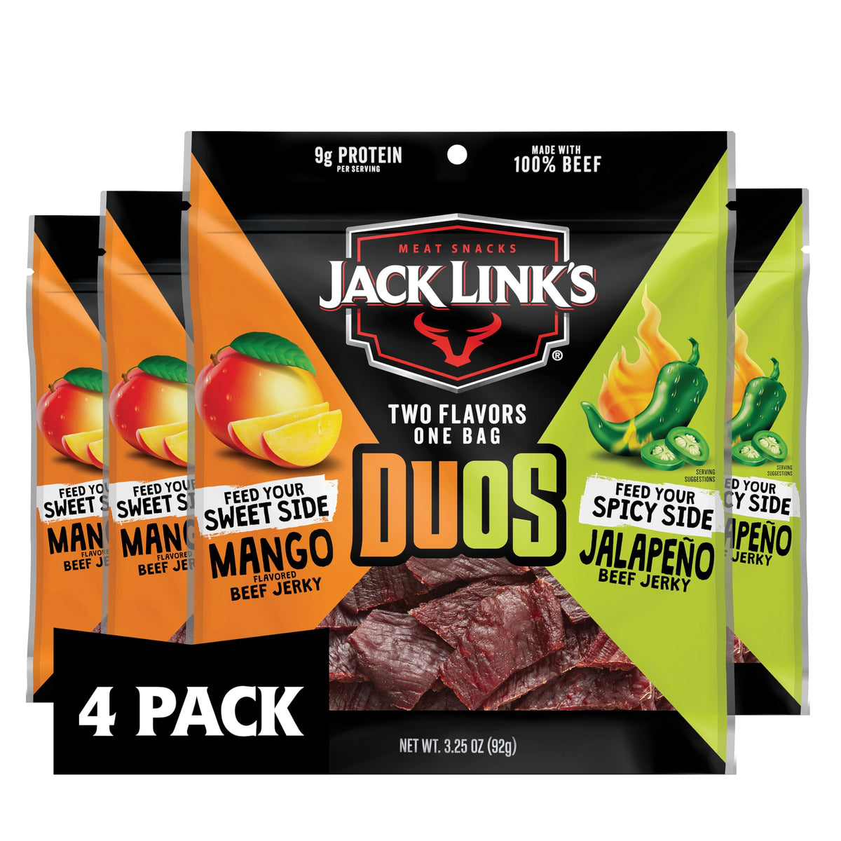 Jack Link's DUOs Jalapeño and Mango beef jerky pack showcases bold flavors for on-the-go protein.