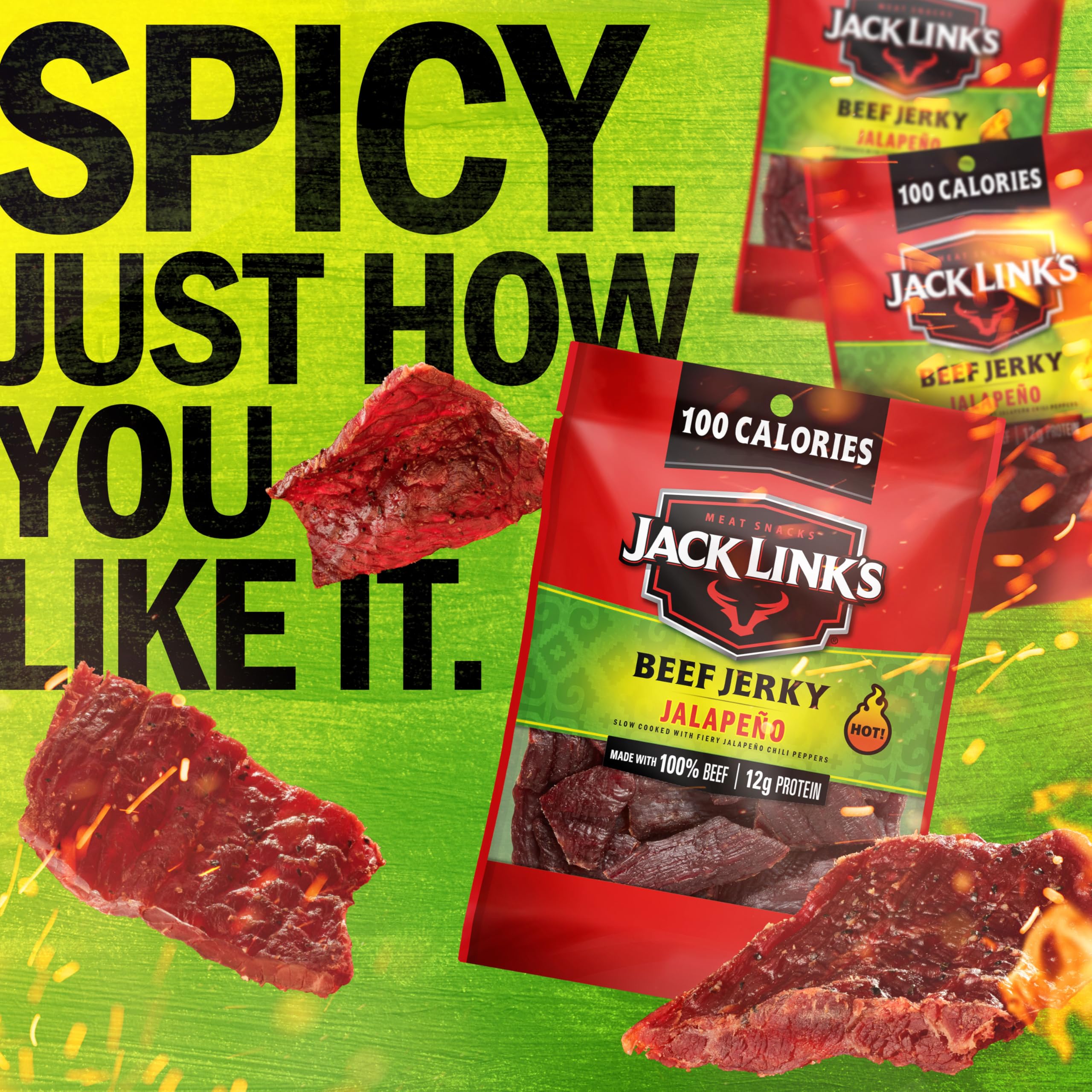 Jack Link's Jalapeño Beef Jerky 1.25 oz bag close-up, bold jalapeño flavor.