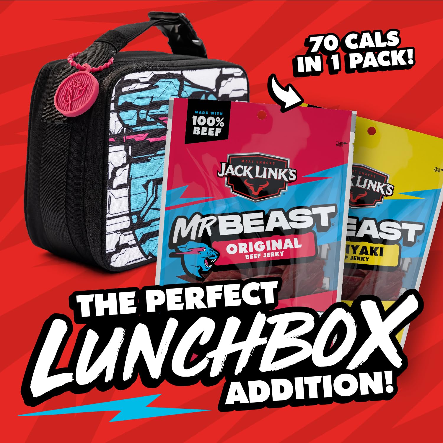 Backpack-ready Jack Link's x MrBeast snack for school lunches.