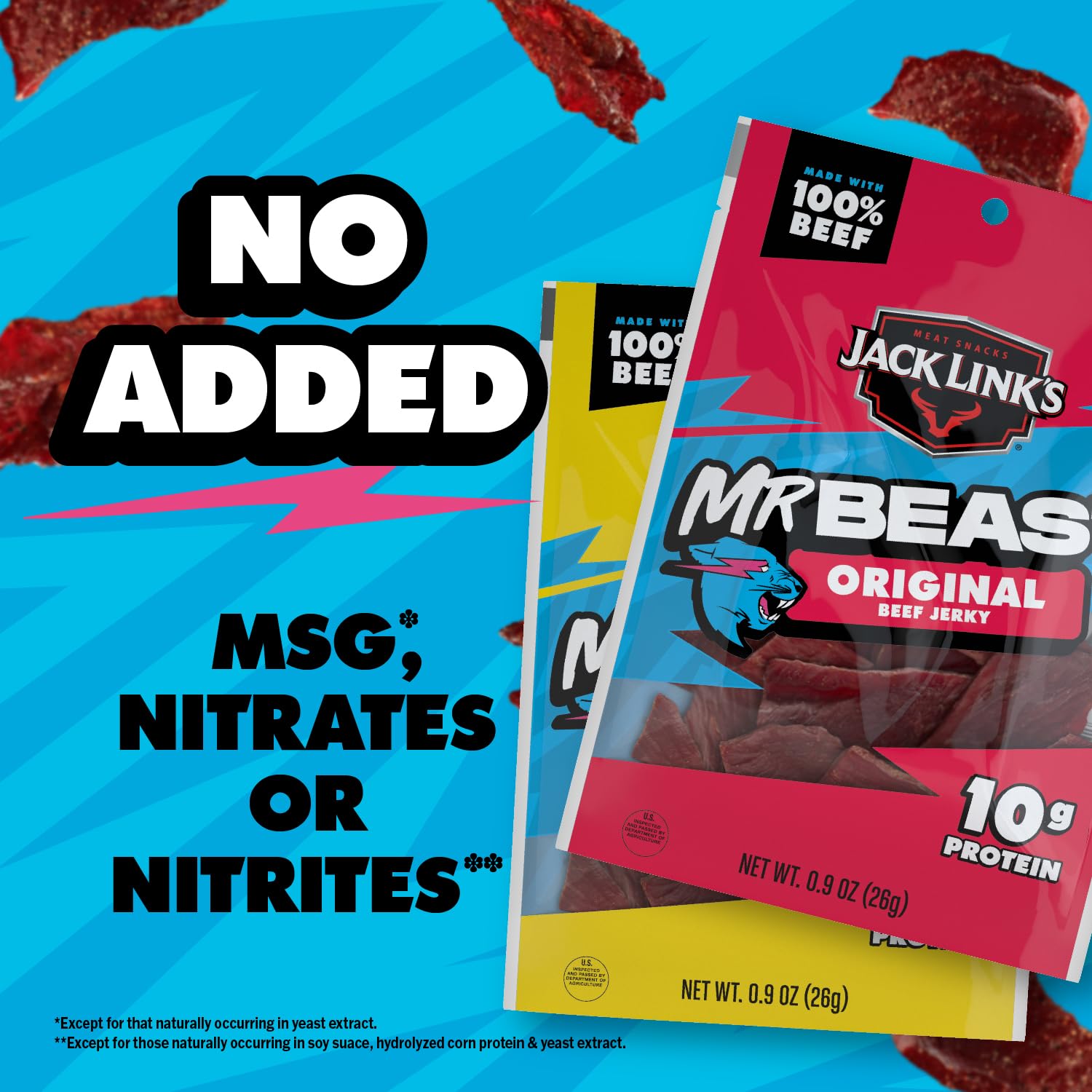 Jack Link's x MrBeast jerky texture close-up showing real beef quality.