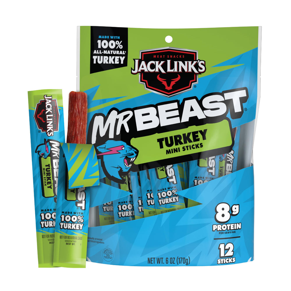 Jack Link's MrBeast Turkey Mini Sticks packaging showcases bold branding and on-the-go appeal.