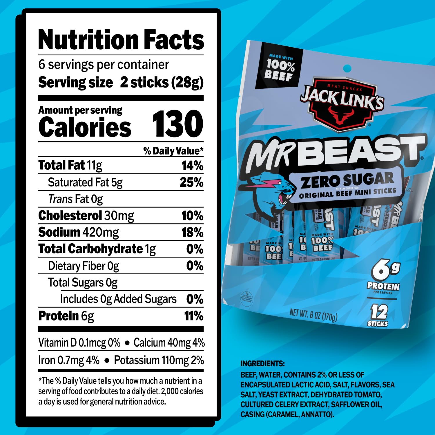 Close-up of Jack Link's MrBeast mini beef sticks showing 6g protein