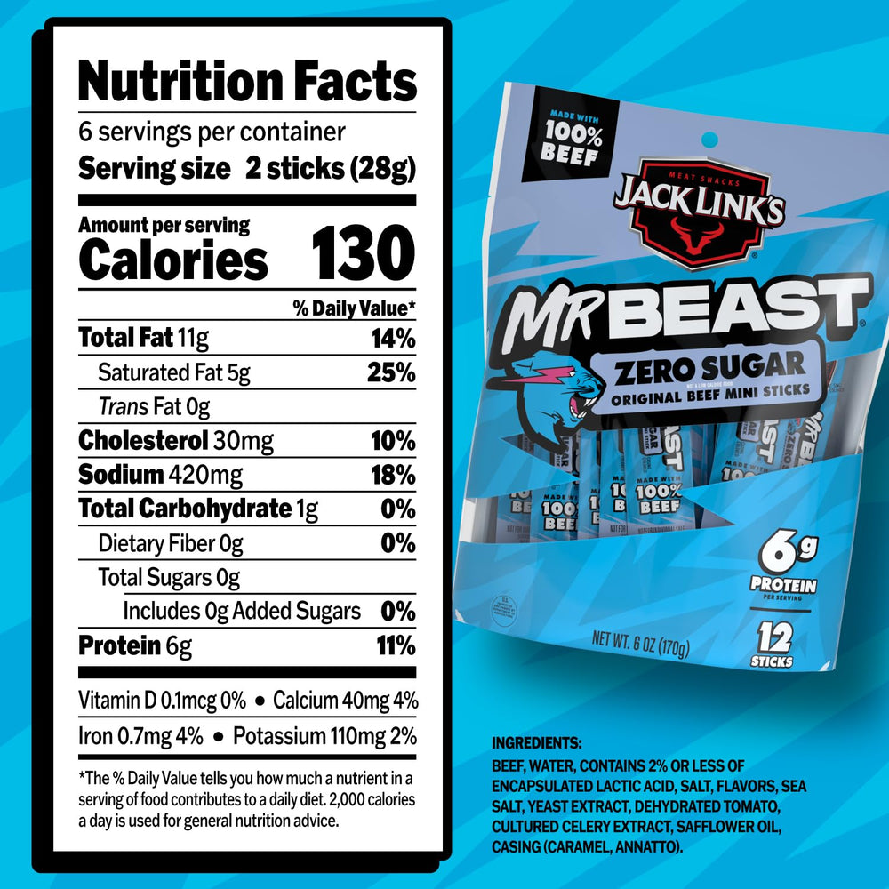 Close-up of Jack Link's MrBeast mini beef sticks showing 6g protein