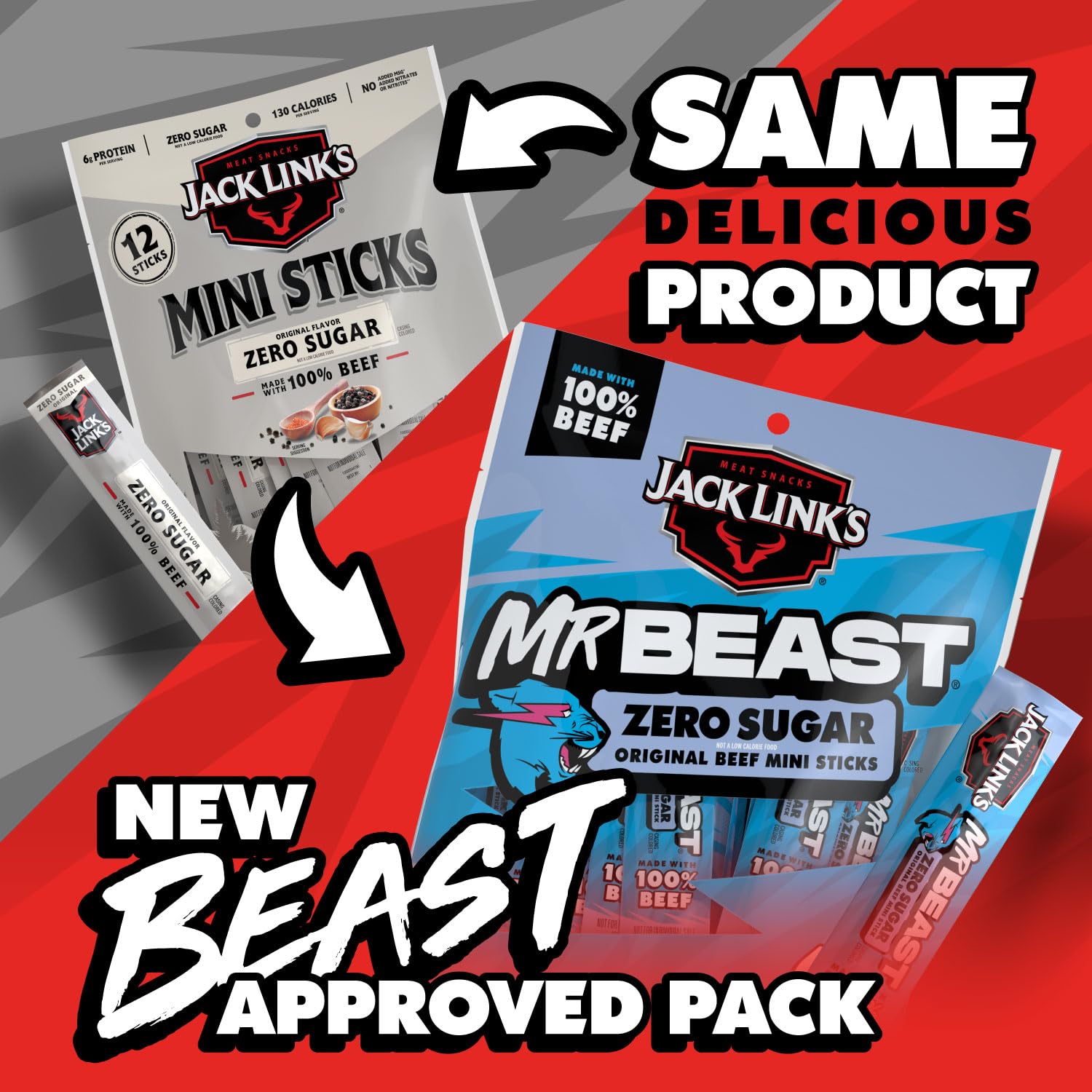 Lunchbox-ready Jack Link's MrBeast zero sugar mini beef sticks in a box
