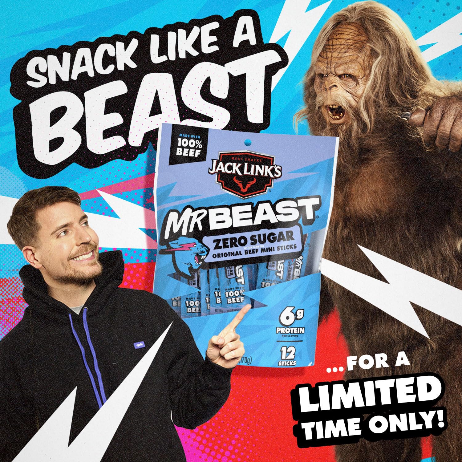 Pantry shelf with Jack Link's MrBeast sticks for quick snacks