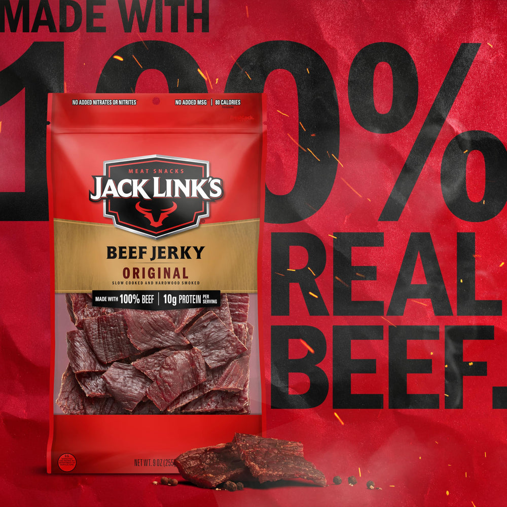 Open bags of Jack Link's Original Beef Jerky showing resealable packaging.