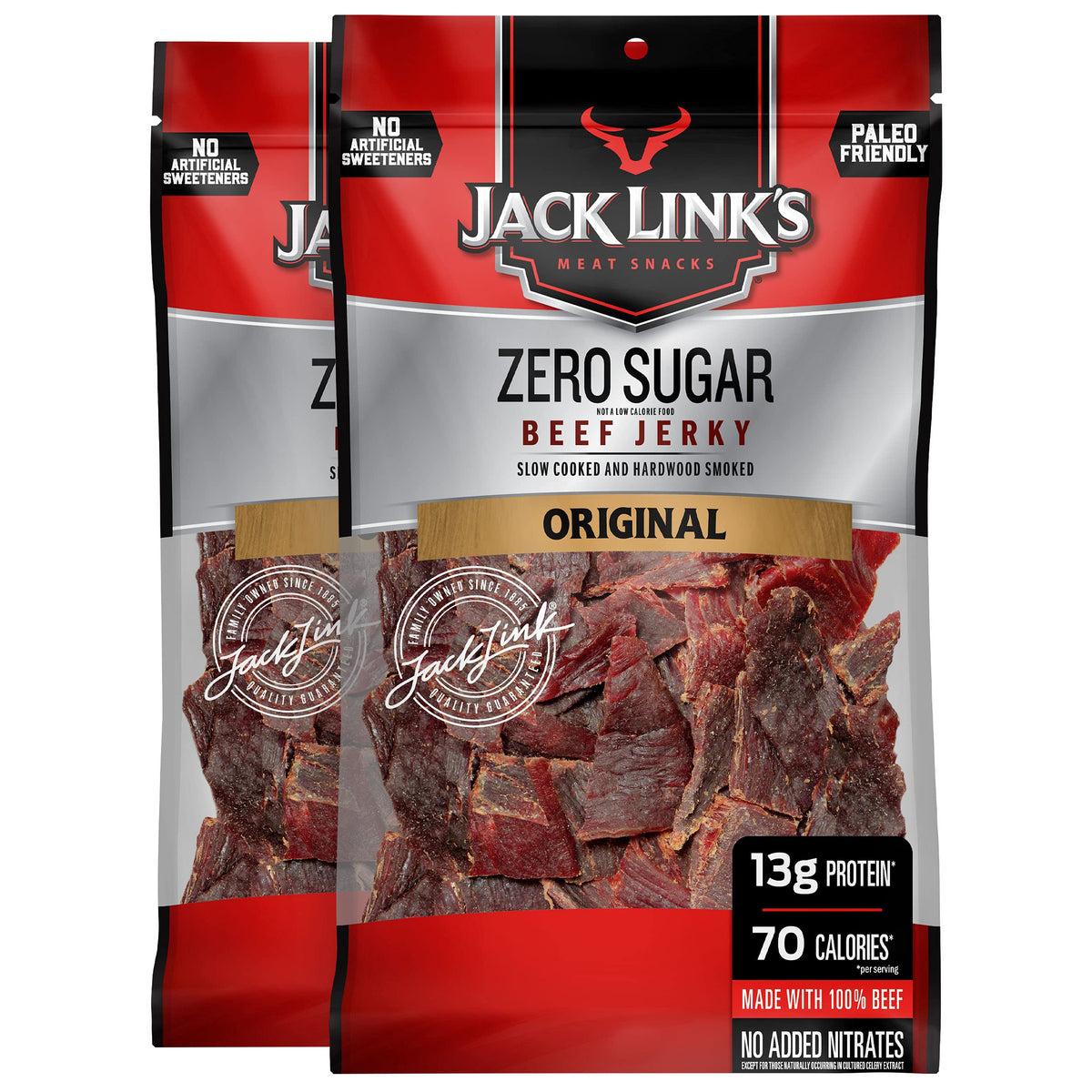 Jack Link's Original Zero Sugar Beef Jerky bag front, protein-dense snack.