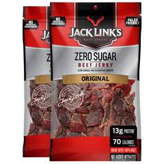 Jack Link's Original Zero Sugar Beef Jerky bag front, protein-dense snack.