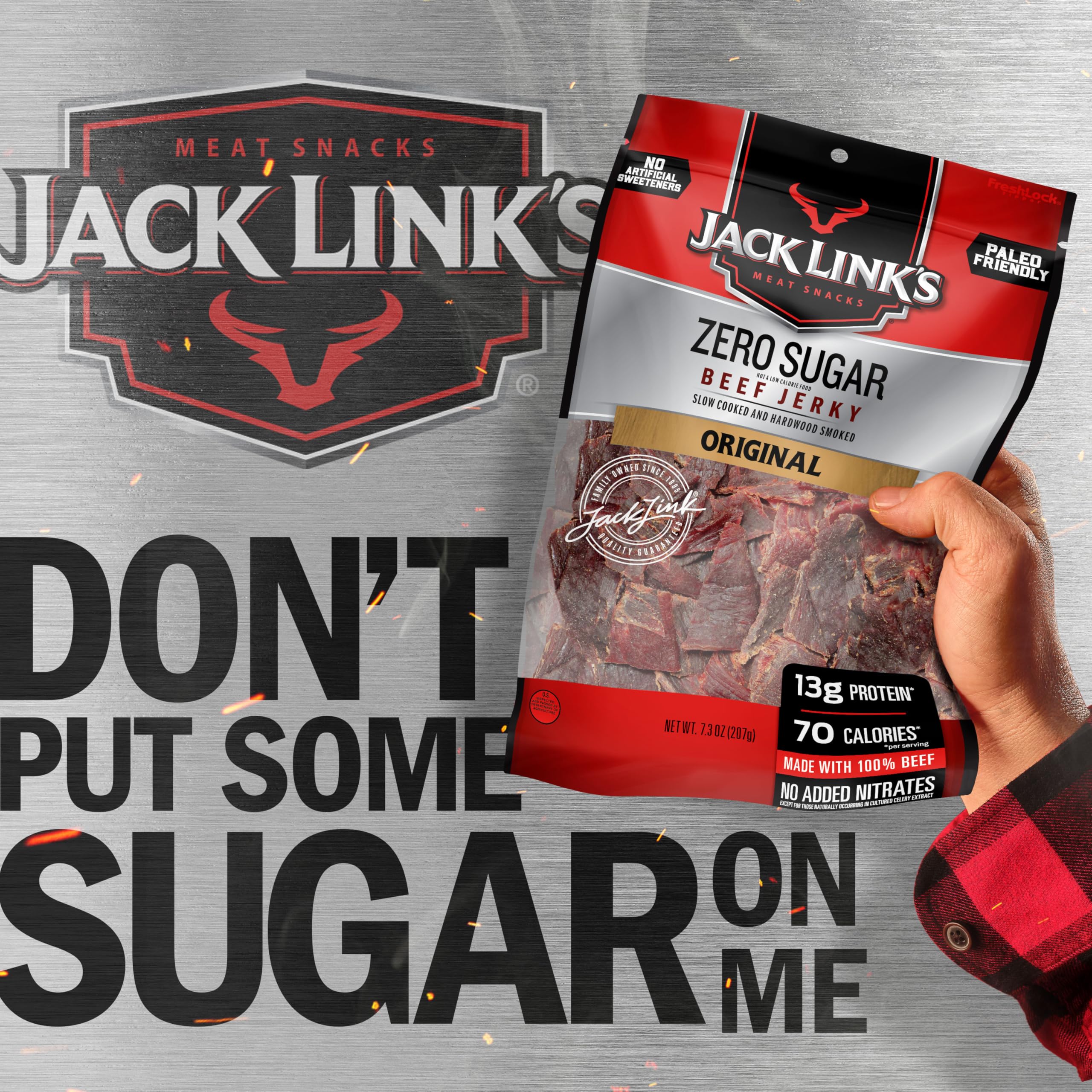Serving size portion showing 13 g protein from Jack Link's jerky.