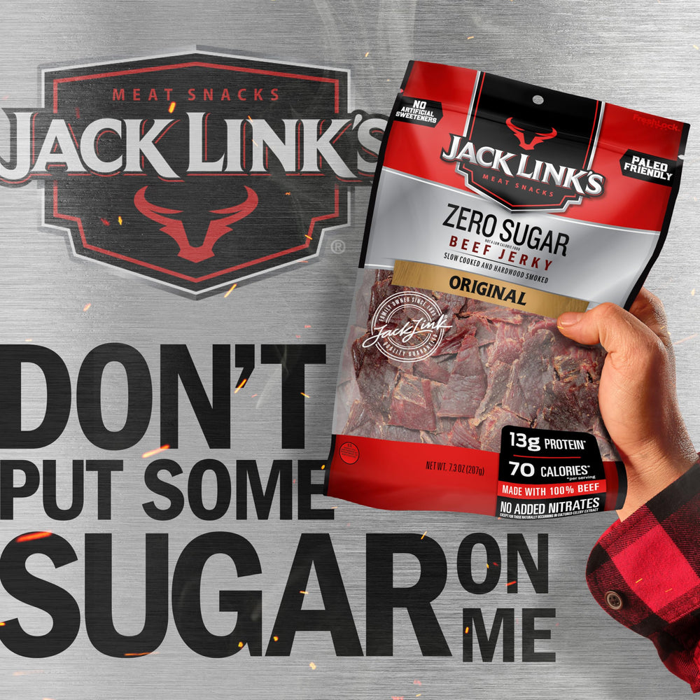Serving size portion showing 13 g protein from Jack Link's jerky.