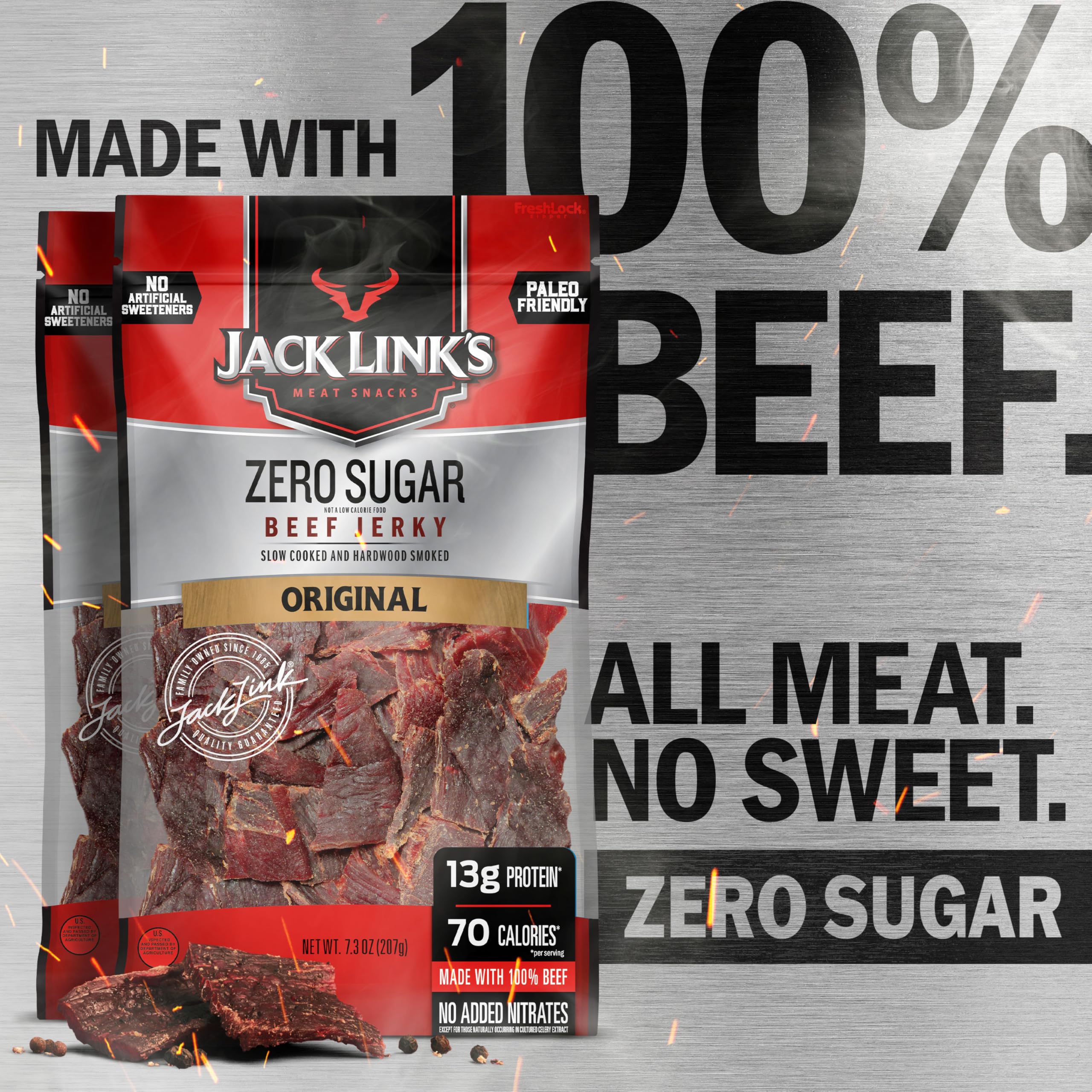 Jack Link's jerky close-up with spices and hardwood smoke.