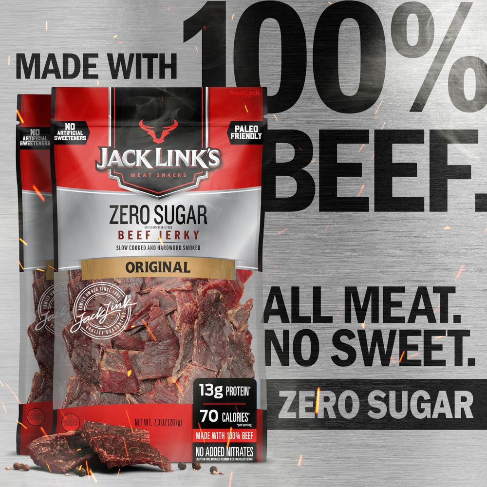 Jack Link's jerky close-up with spices and hardwood smoke.