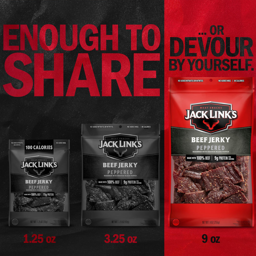 Jack Link's Peppered Beef Jerky backpack-ready beside a gym bag signals portable protein.