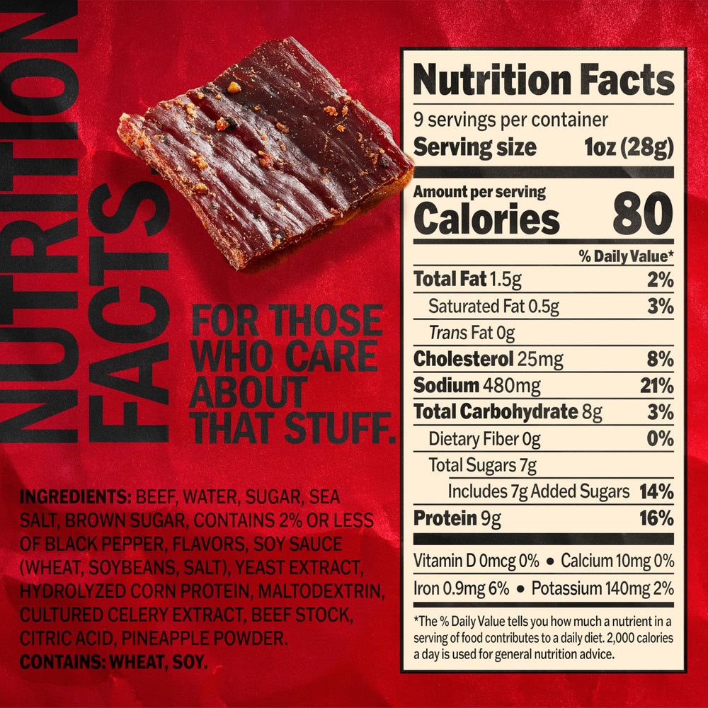 Jack Link's Peppered Beef Jerky close-up shows pepper specks and rich marinated beef.
