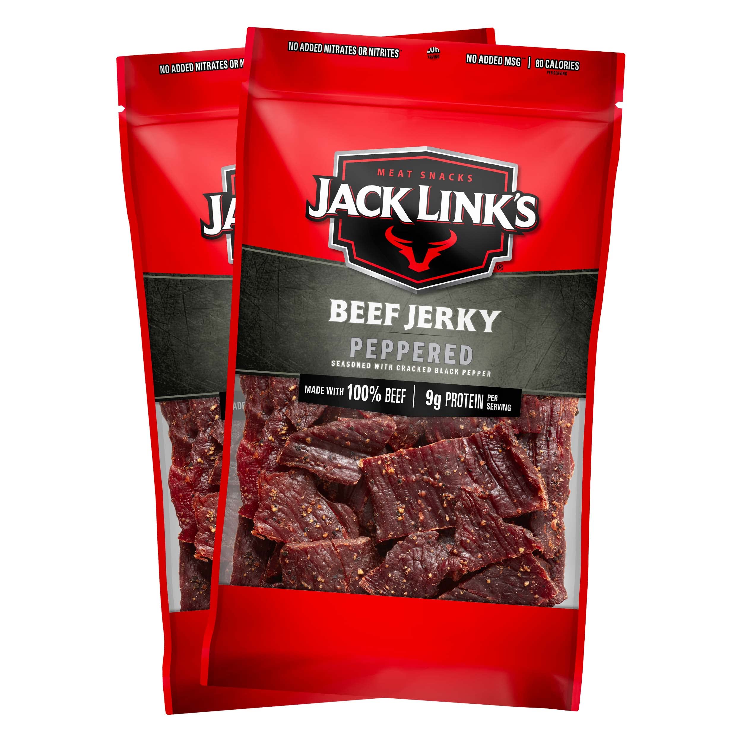 Jack Link's Peppered Beef Jerky bags front view, ready-to-go protein for busy days.