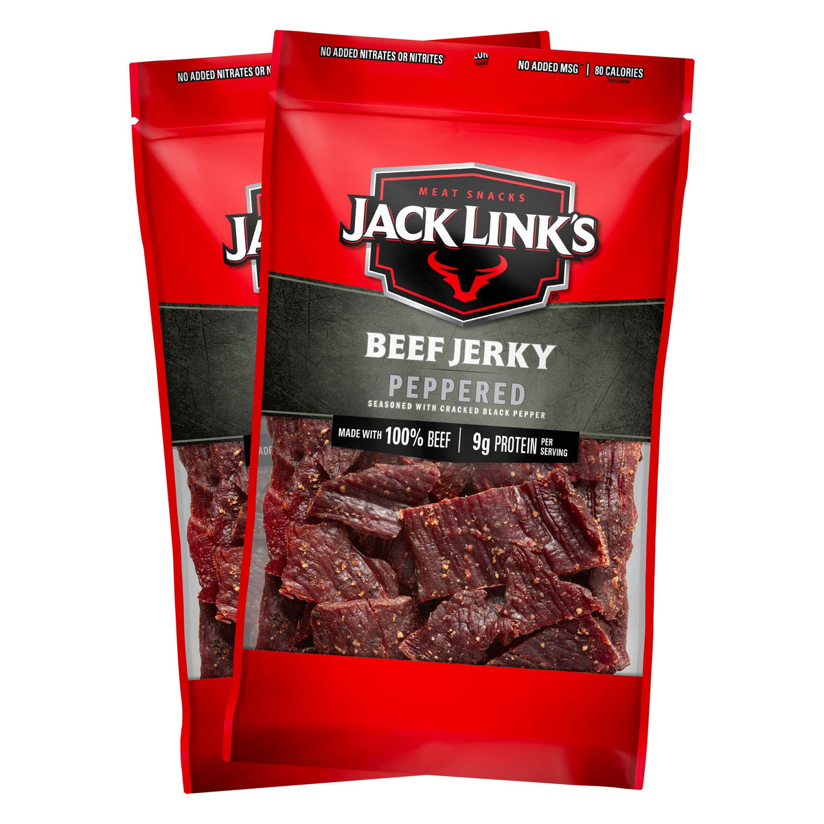 Jack Link's Peppered Beef Jerky bags front view, ready-to-go protein for busy days.