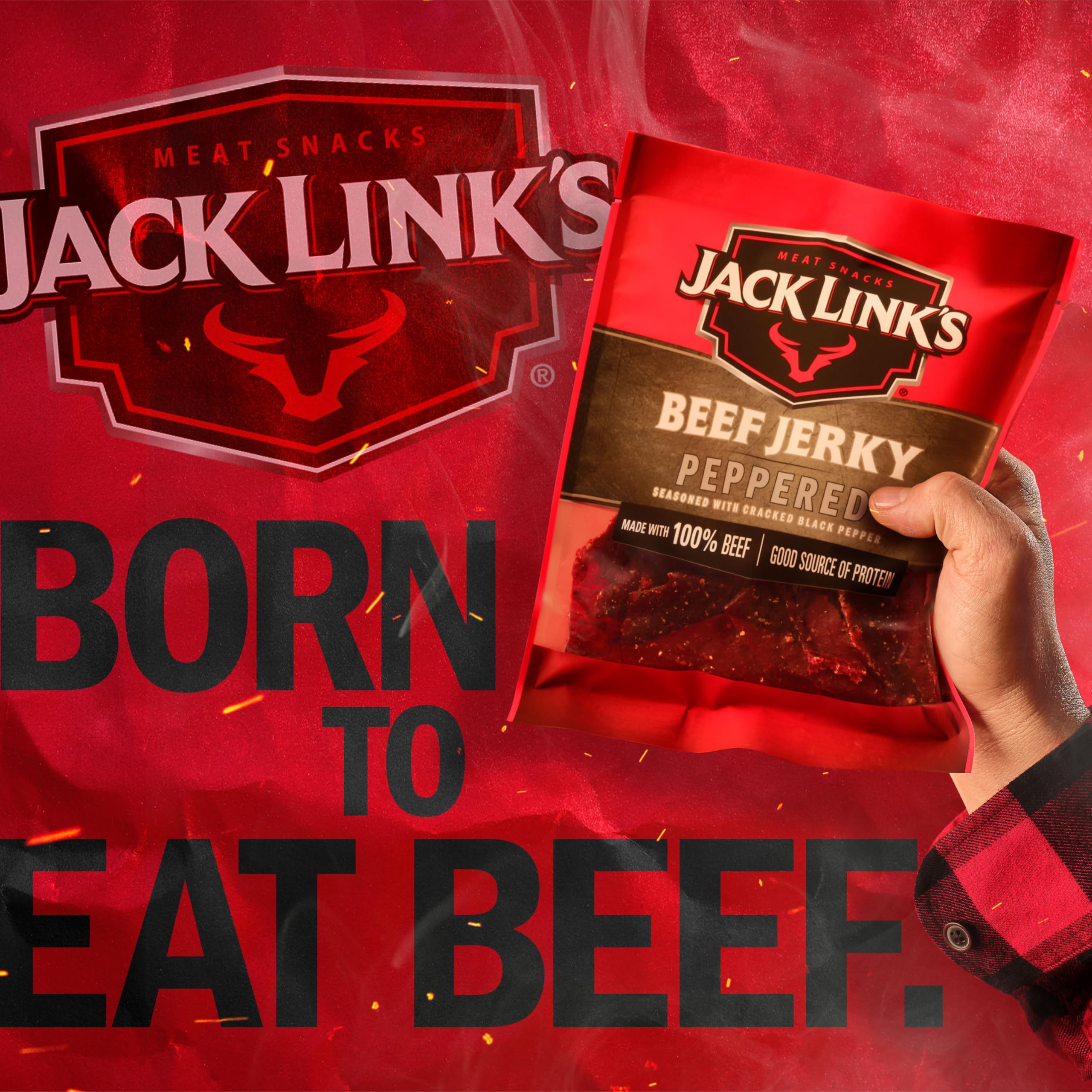 Jack Link's Peppered Beef Jerky hardwood-smoke close-up suggests savory aroma and smoky depth.
