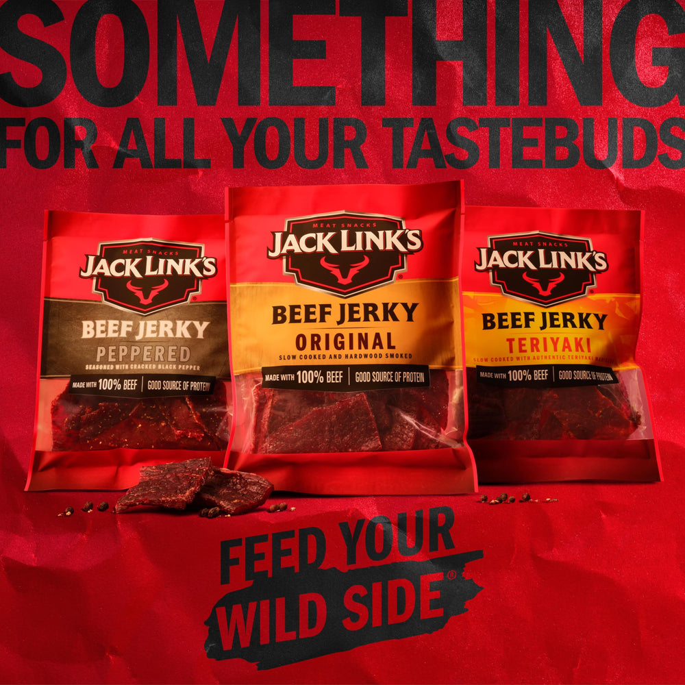 Jack Link's Peppered Beef Jerky two-pack on shelf emphasizes value for families and teams.