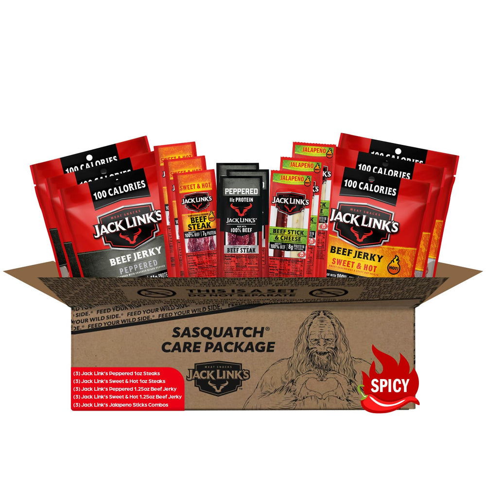 Jack Link's spicy beef jerky gift basket close-up, protein-packed for on-the-go adventures.