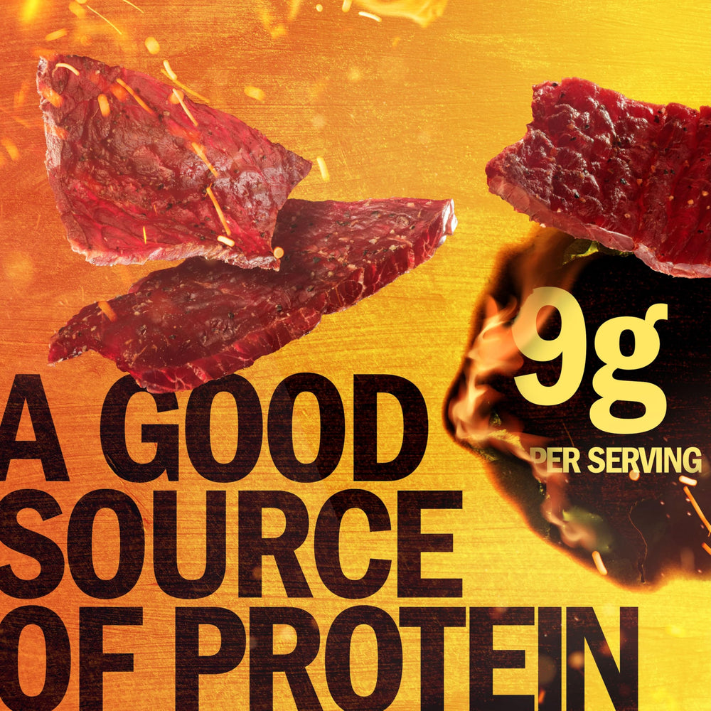 Close-up of tender jerky with bold Sweet & Hot flavor, great for a quick snack.