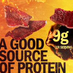 Close-up of tender jerky with bold Sweet & Hot flavor, great for a quick snack.