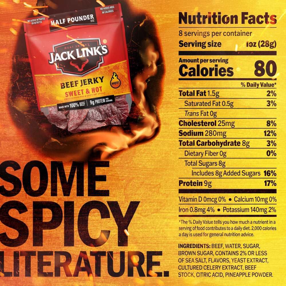 Close-up of Jack Link's Sweet & Hot jerky showing 9g protein per serving