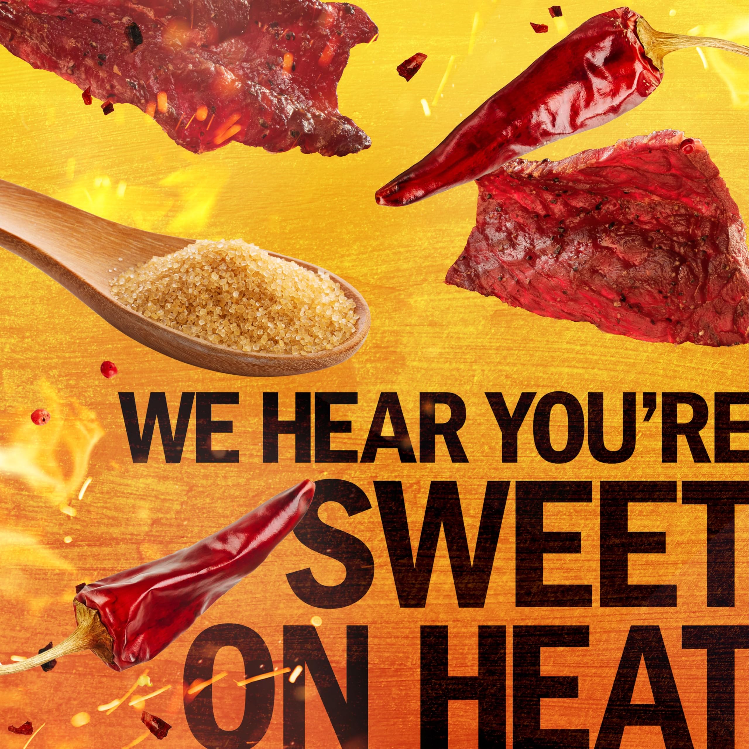 Visual emphasizes hardwood smoke aroma enhancing the beef jerky.