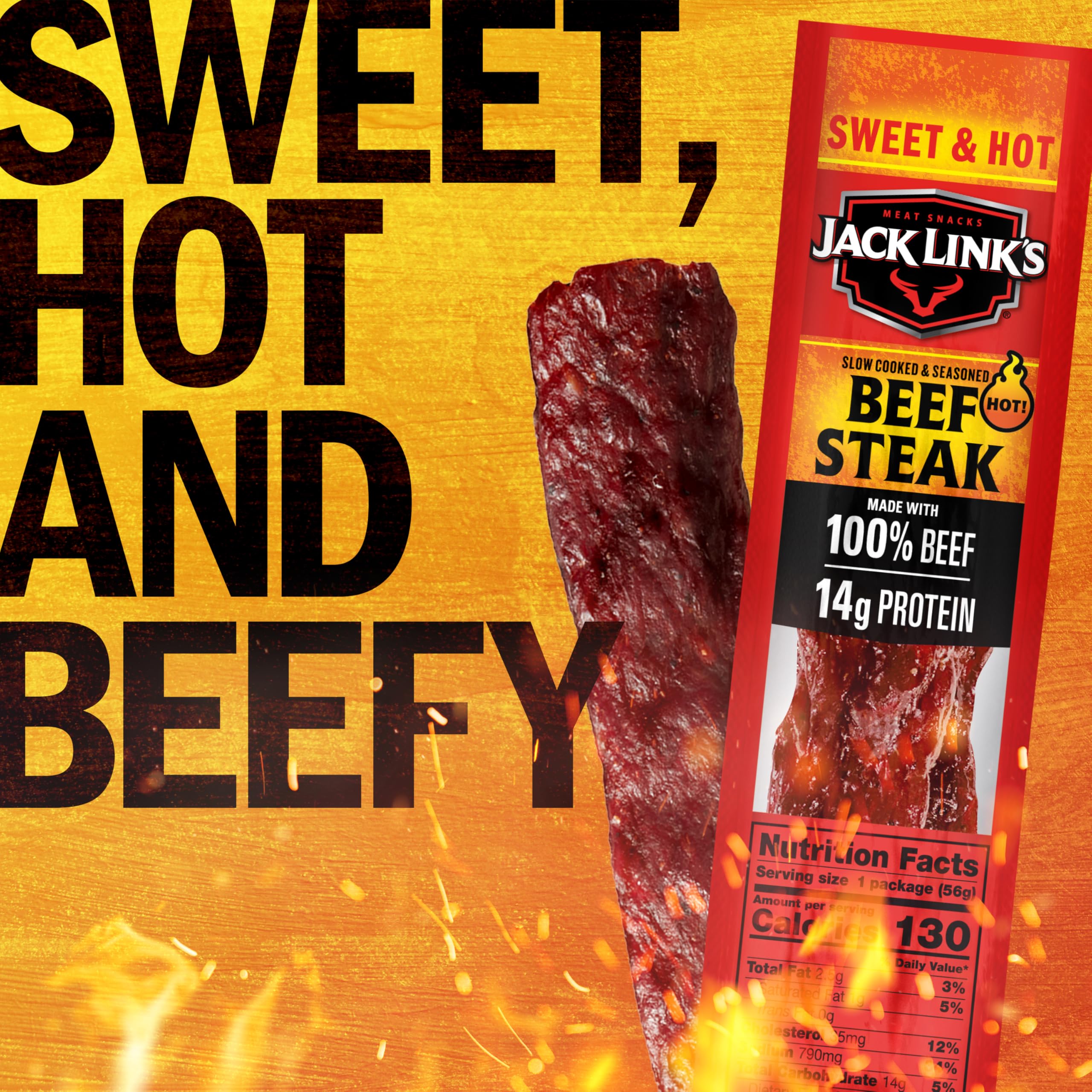 Jack Link's Sweet & Hot beef steaks made with 100% beef.