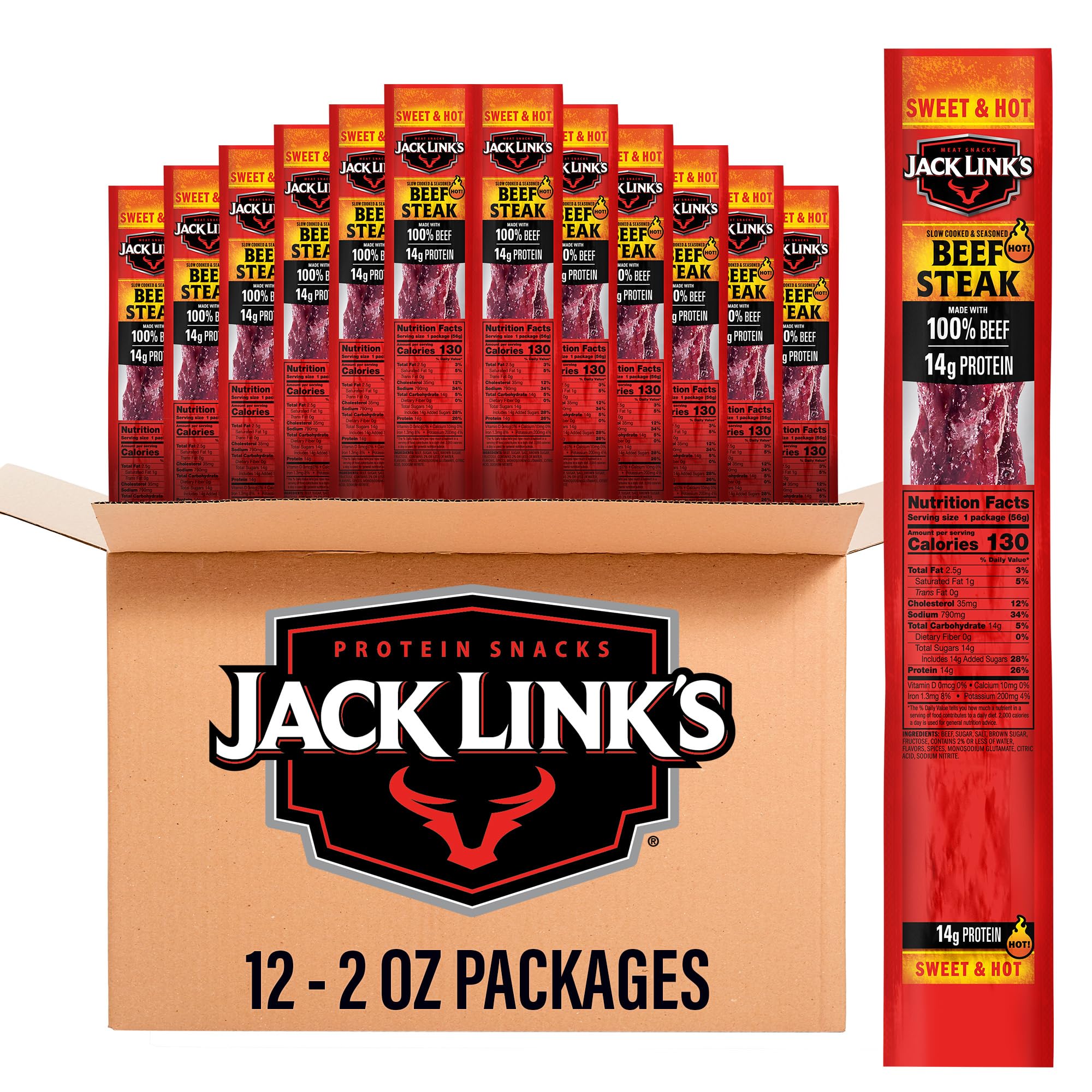 Jack Link's Sweet & Hot beef steaks 2oz pack, convenient on-the-go snack.